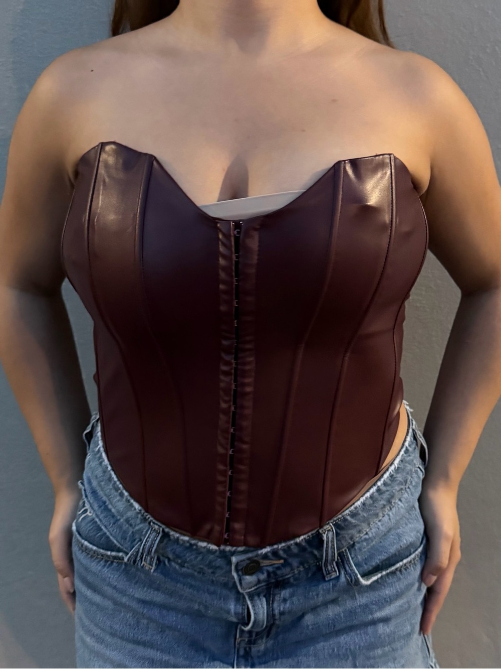 AKIRA Strapless Faux Leather Corset Camisole in Burgundy